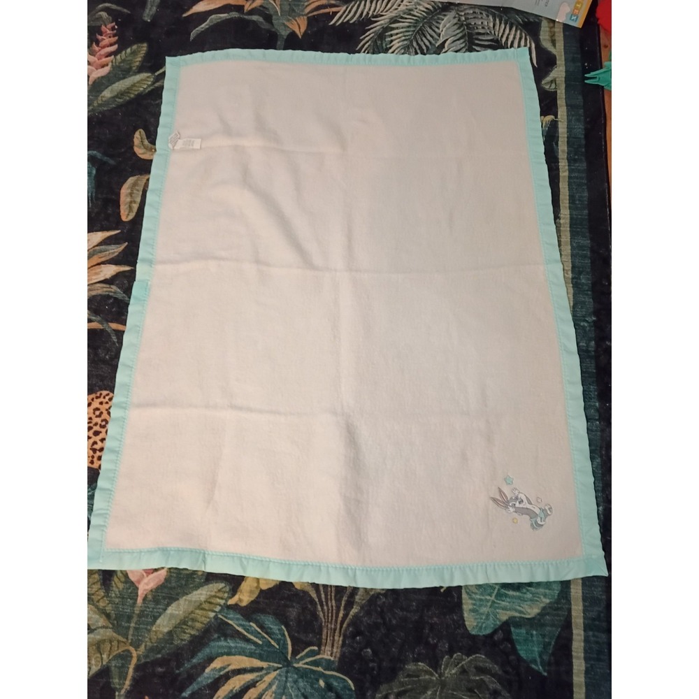 Vtg Looney Tunes Baby Bugs Bunny Blue Crib Blanket Satin Trim 34x44 USA Made